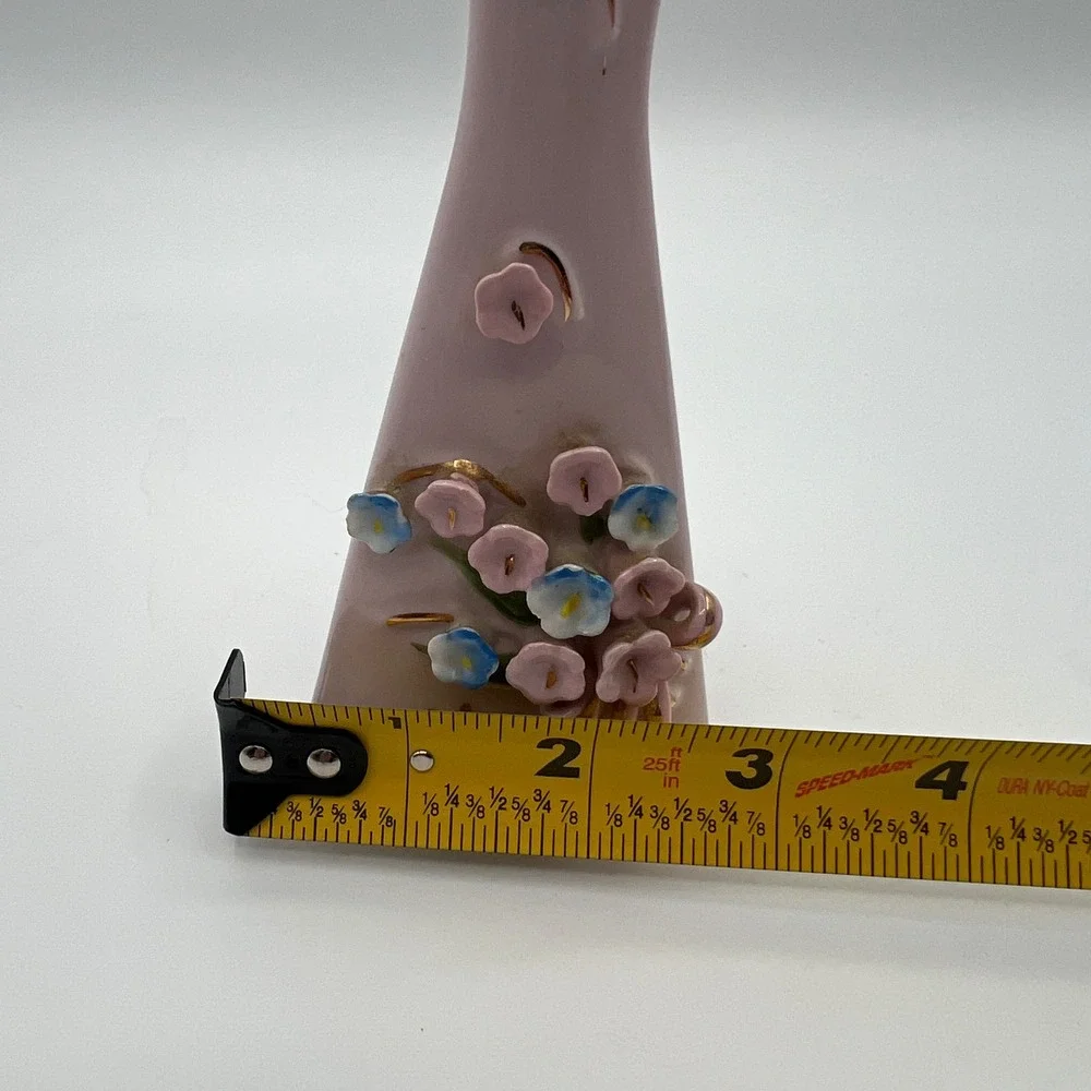 Vintage pink Bud Vase 3D Applied Flowers Gold Trim Triangular Base